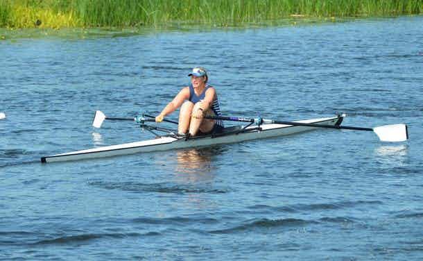 Winning Sudbury single sculler, Kate Wallace, sculling to victory at St Ives. 