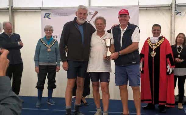 Brendan Sullivan, Keith Paxman and Will Langton with the Great River Race Trophy for Veteran (over 60) crews.