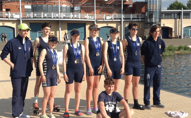 Sudbury juniors with their medals at Dorney Lake. 